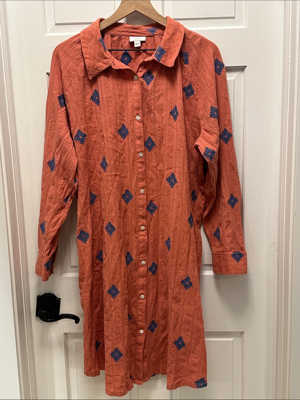 J. Jill Orange Midi Shirt Dress with Blue Diamond Embroidery